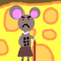 Souris mécontente devant une meule de gruyère